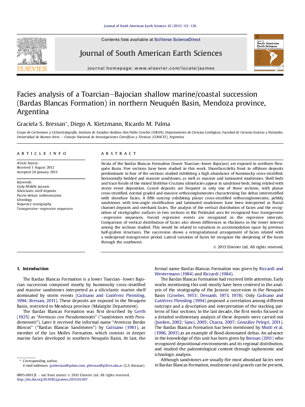 Facies analysis of a Toarcian–Bajocian shallow marine/coastal succession (Bardas Blancas Formation) in northern Neuquén Basin, Mendoza province, Argentina