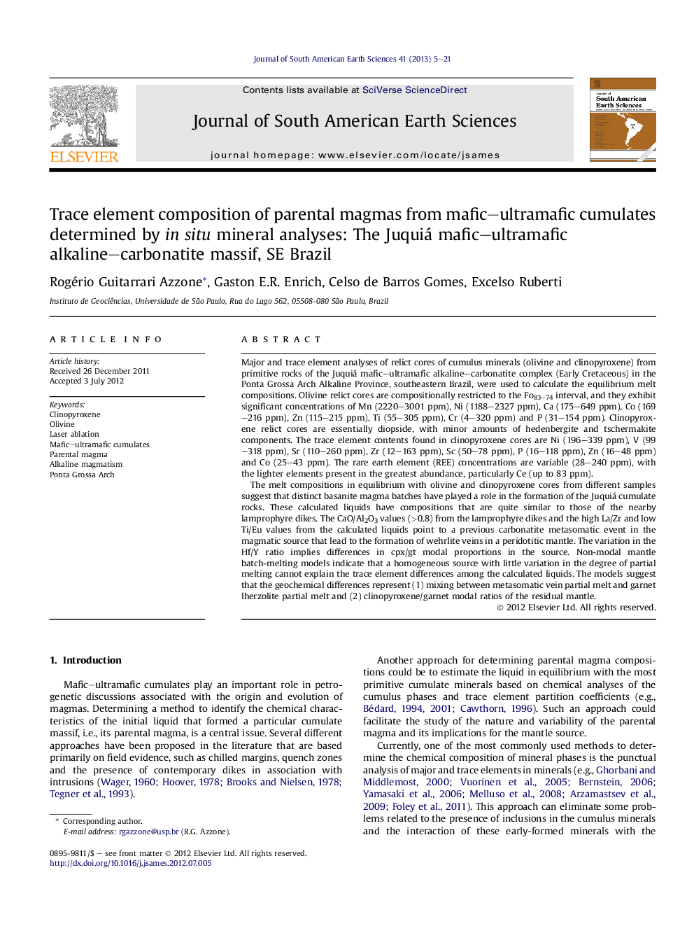 Trace element composition of parental magmas from mafic–ultramafic cumulates determined by in situ mineral analyses: The Juquiá mafic–ultramafic alkaline–carbonatite massif, SE Brazil