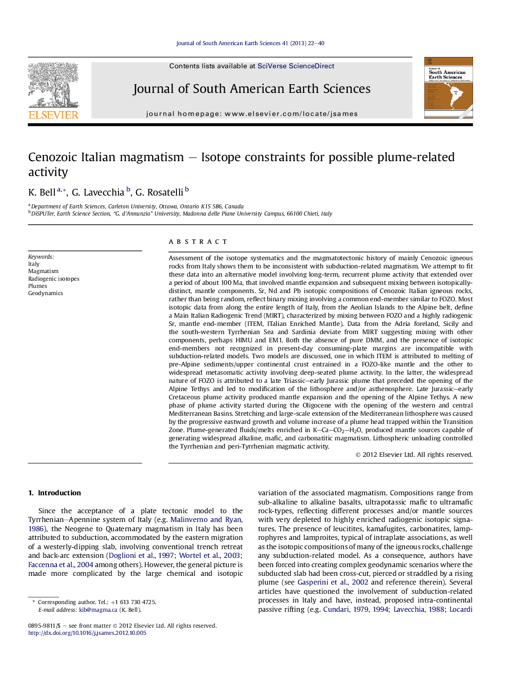 Cenozoic Italian magmatism - Isotope constraints for possible plume-related activity