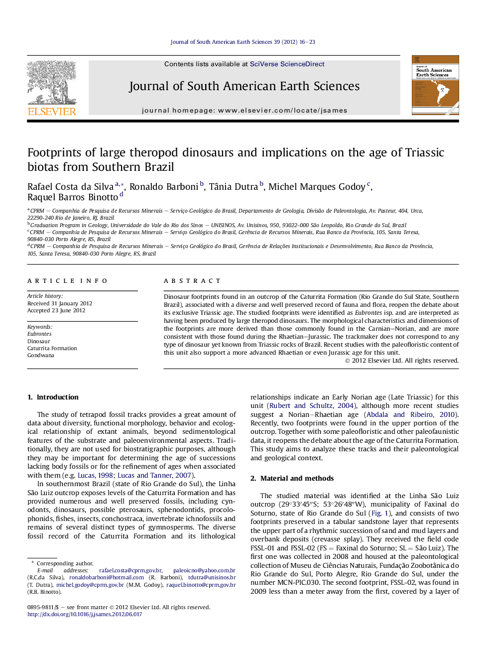 Footprints of large theropod dinosaurs and implications on the age of Triassic biotas from Southern Brazil