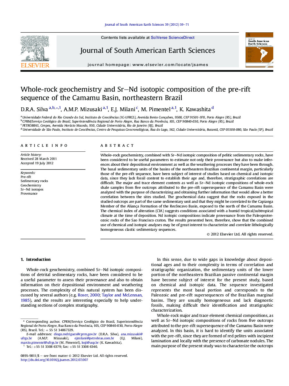 Whole-rock geochemistry and Sr–Nd isotopic composition of the pre-rift sequence of the Camamu Basin, northeastern Brazil