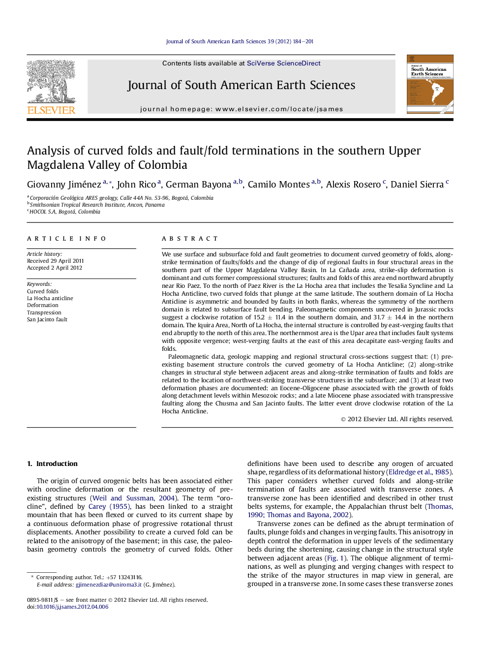 Analysis of curved folds and fault/fold terminations in the southern Upper Magdalena Valley of Colombia