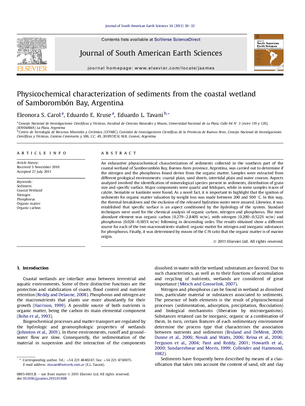 Physicochemical characterization of sediments from the coastal wetland of Samborombón Bay, Argentina