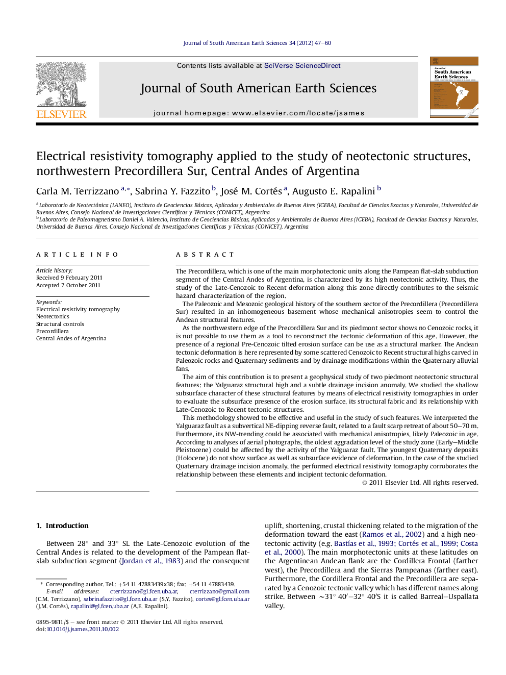 Electrical resistivity tomography applied to the study of neotectonic structures, northwestern Precordillera Sur, Central Andes of Argentina