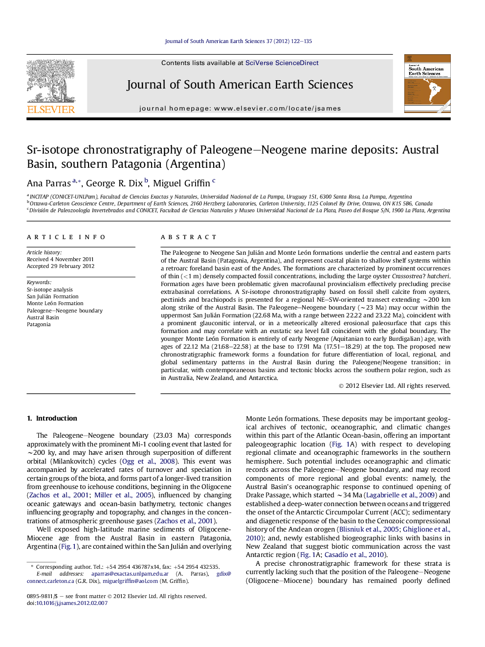 Sr-isotope chronostratigraphy of Paleogene–Neogene marine deposits: Austral Basin, southern Patagonia (Argentina)