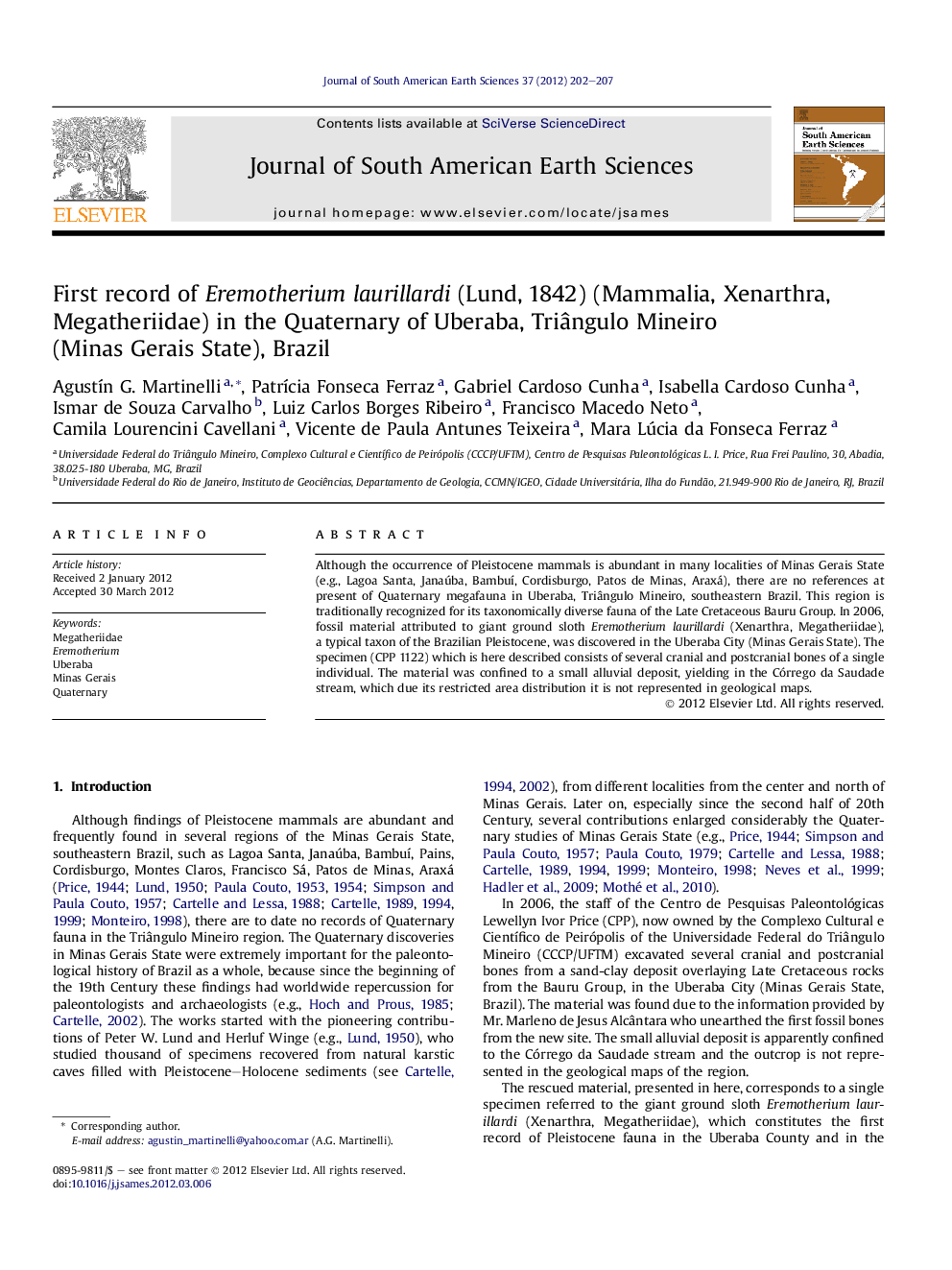 First record of Eremotherium laurillardi (Lund, 1842) (Mammalia, Xenarthra, Megatheriidae) in the Quaternary of Uberaba, Triângulo Mineiro (Minas Gerais State), Brazil