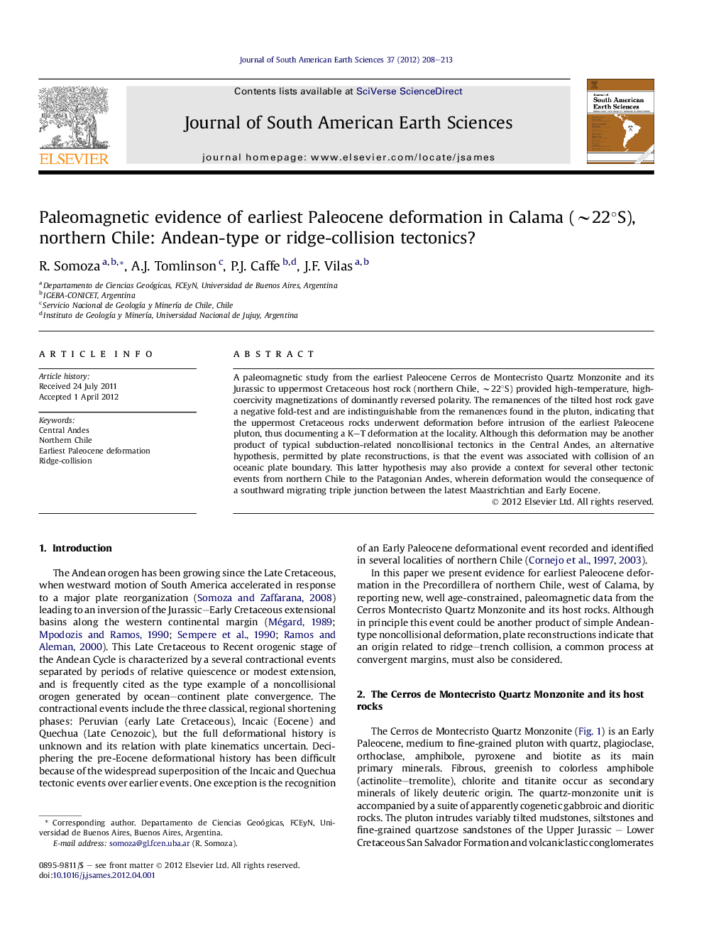 عکس صفحه اول مقاله: Paleomagnetic evidence of earliest Paleocene deformation in Calama (∼22°S), northern Chile: Andean-type or ridge-collision tectonics? Paleomagnetic evidence of earliest Paleocene deformation in Calama (∼22°S), northern Chile: Andean-type or ridge-collision tectonics?