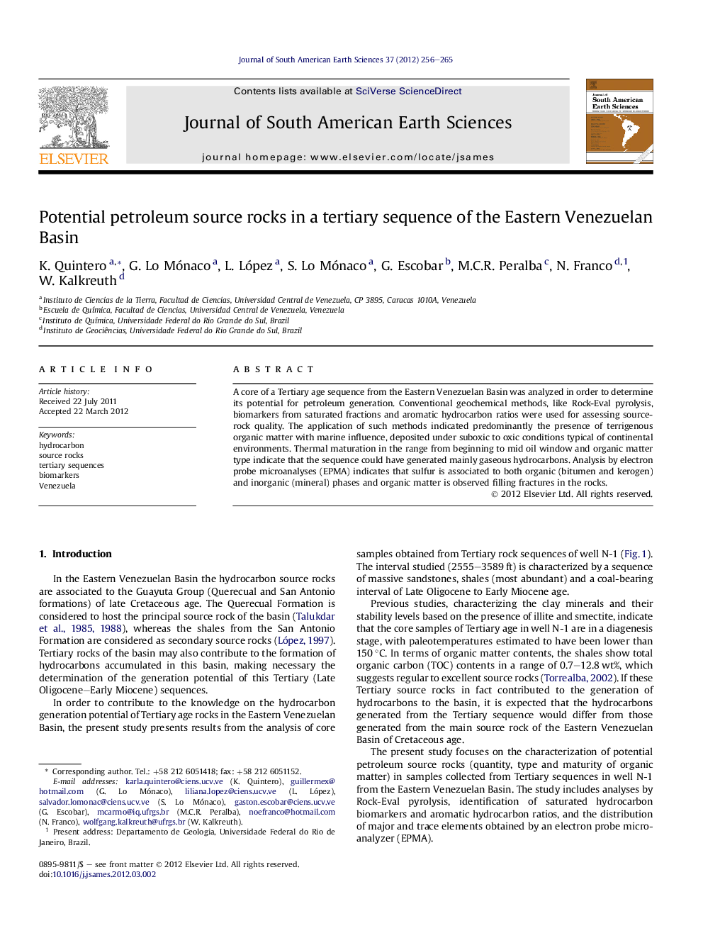 Potential petroleum source rocks in a tertiary sequence of the Eastern Venezuelan Basin