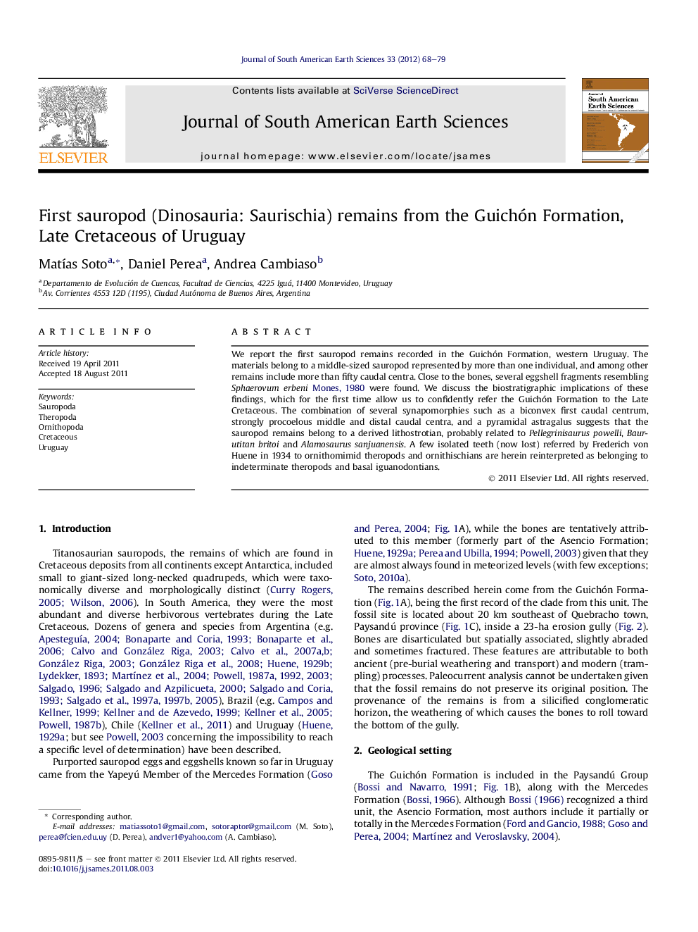 First sauropod (Dinosauria: Saurischia) remains from the Guichón Formation, Late Cretaceous of Uruguay