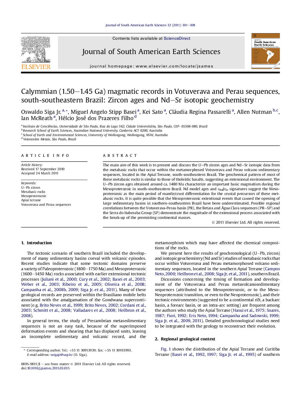 Calymmian (1.50–1.45 Ga) magmatic records in Votuverava and Perau sequences, south-southeastern Brazil: Zircon ages and Nd–Sr isotopic geochemistry