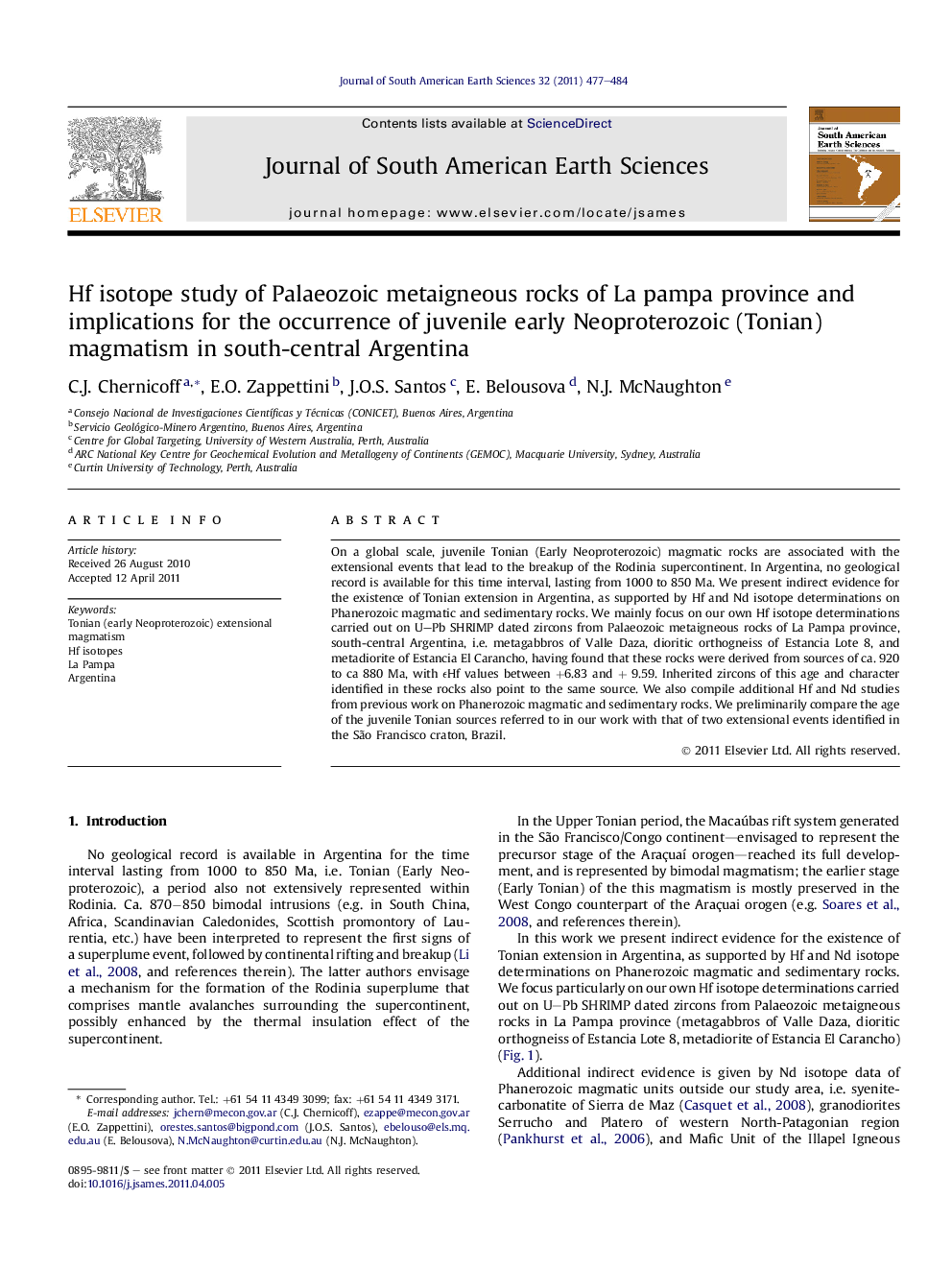 Hf isotope study of Palaeozoic metaigneous rocks of La pampa province and implications for the occurrence of juvenile early Neoproterozoic (Tonian) magmatism in south-central Argentina