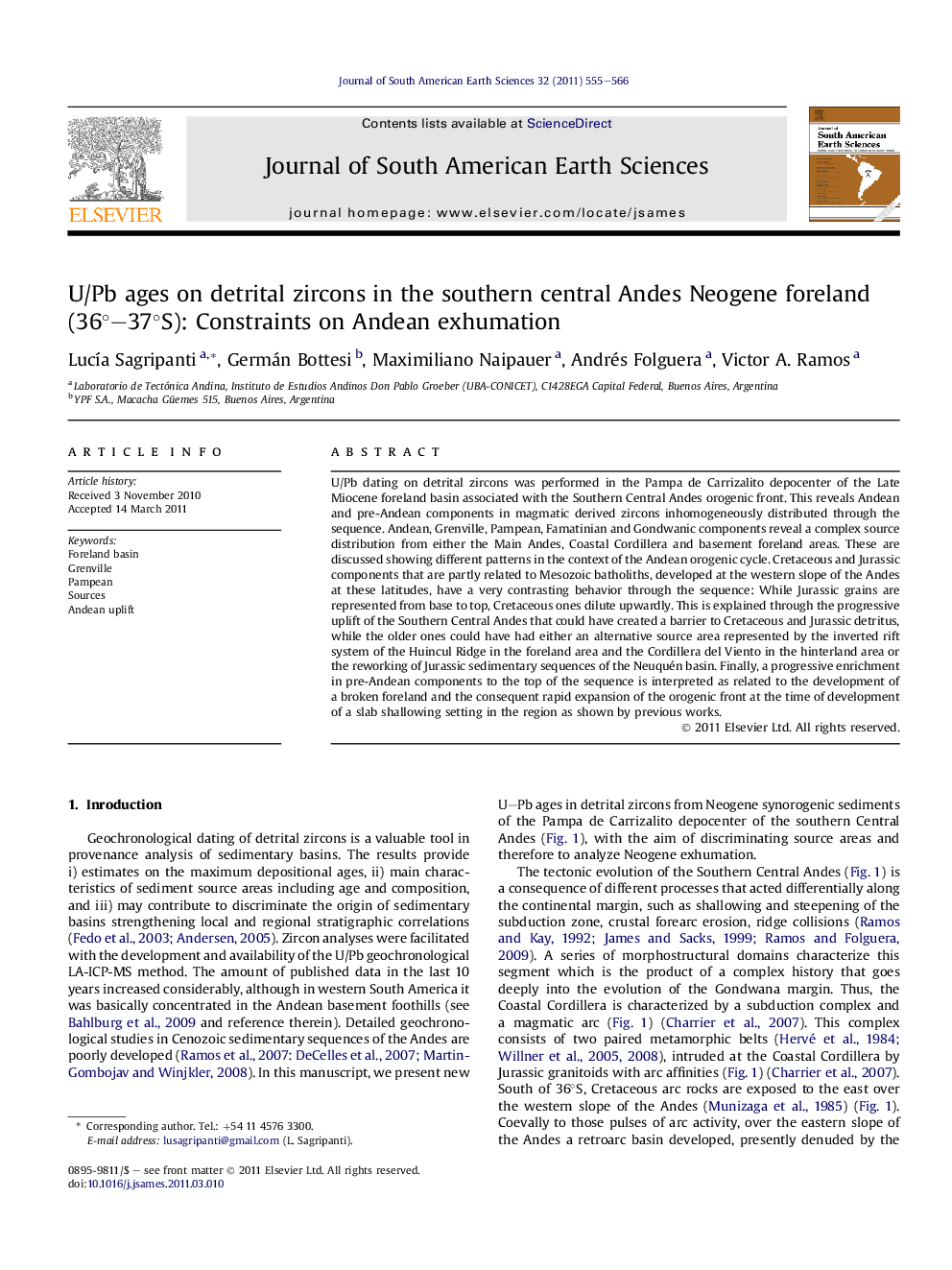 U/Pb ages on detrital zircons in the southern central Andes Neogene foreland (36°–37°S): Constraints on Andean exhumation