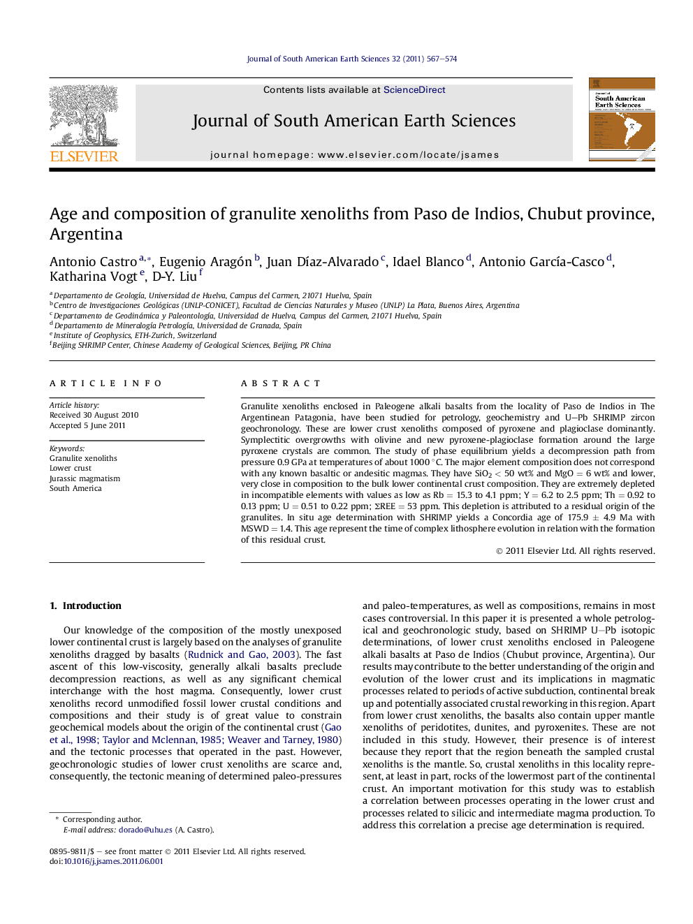 Age and composition of granulite xenoliths from Paso de Indios, Chubut province, Argentina