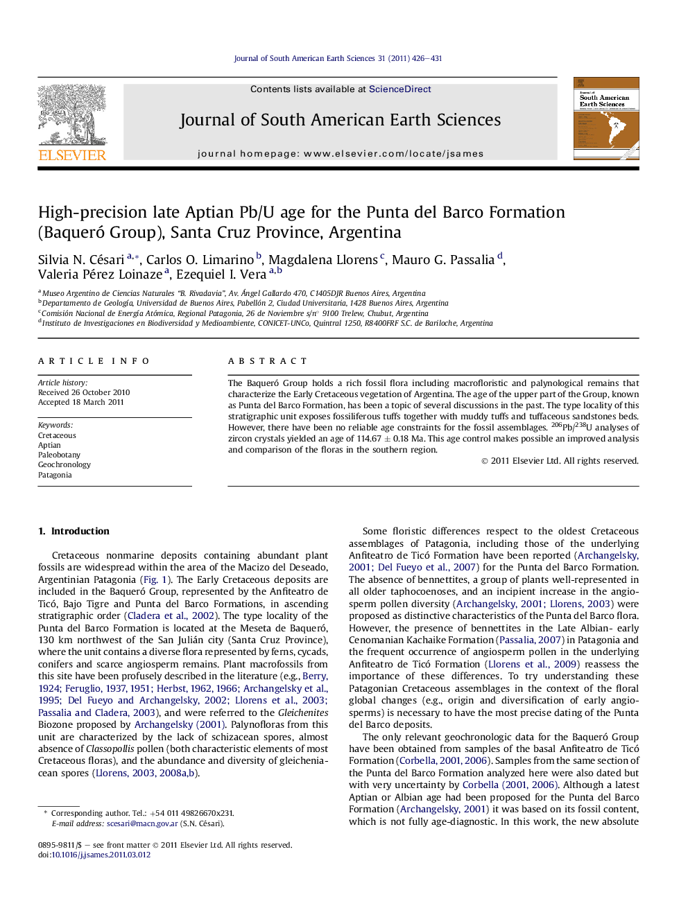 High-precision late Aptian Pb/U age for the Punta del Barco Formation (Baqueró Group), Santa Cruz Province, Argentina