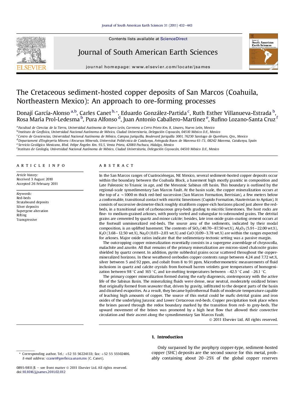 The Cretaceous sediment-hosted copper deposits of San Marcos (Coahuila, Northeastern Mexico): An approach to ore-forming processes