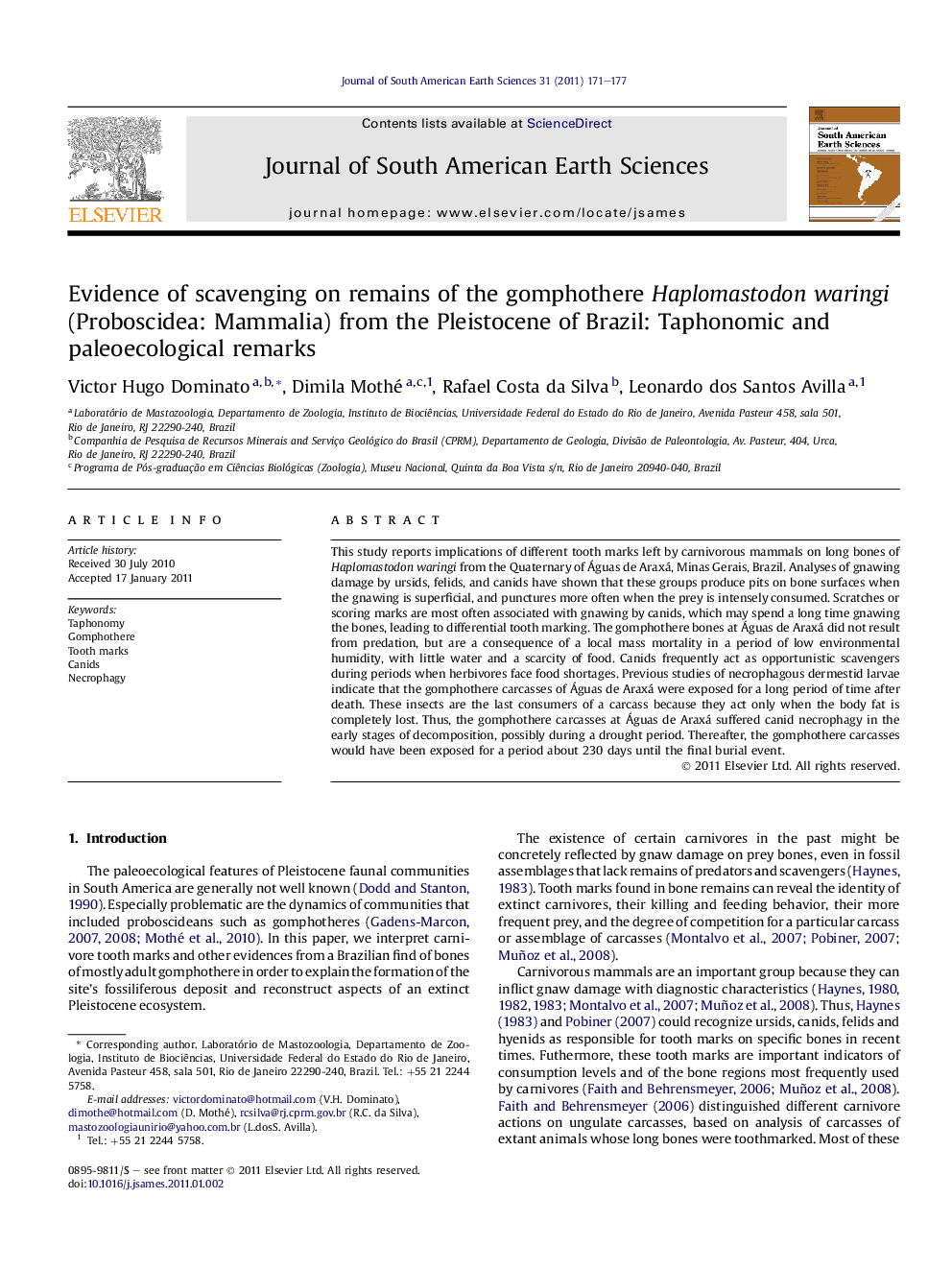 Evidence of scavenging on remains of the gomphothere Haplomastodon waringi (Proboscidea: Mammalia) from the Pleistocene of Brazil: Taphonomic and paleoecological remarks