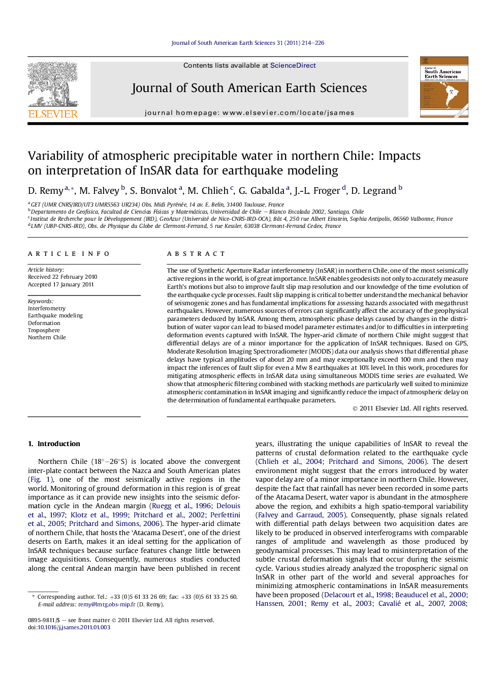 Variability of atmospheric precipitable water in northern Chile: Impacts on interpretation of InSAR data for earthquake modeling