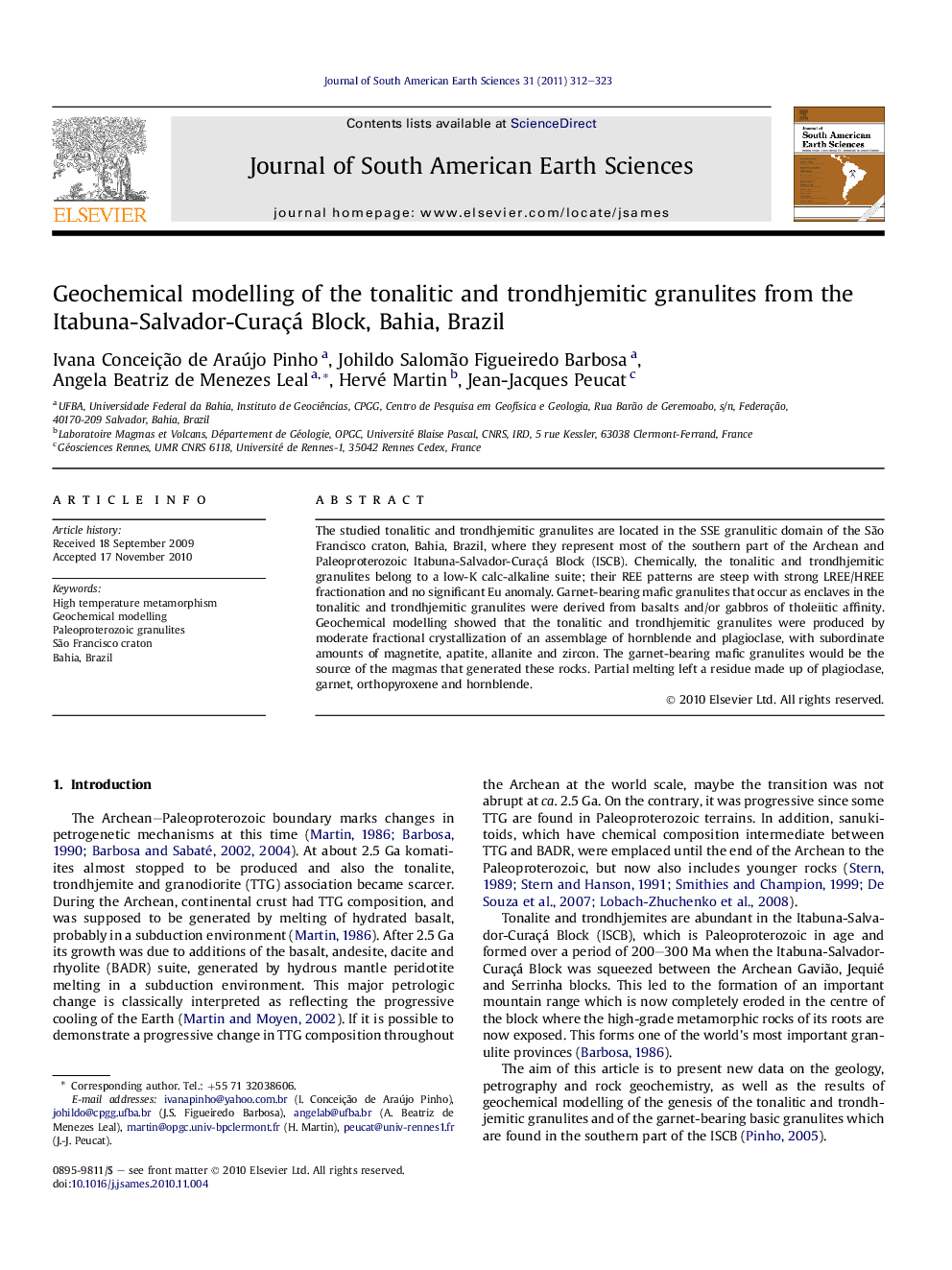 Geochemical modelling of the tonalitic and trondhjemitic granulites from the Itabuna-Salvador-Curaçá Block, Bahia, Brazil