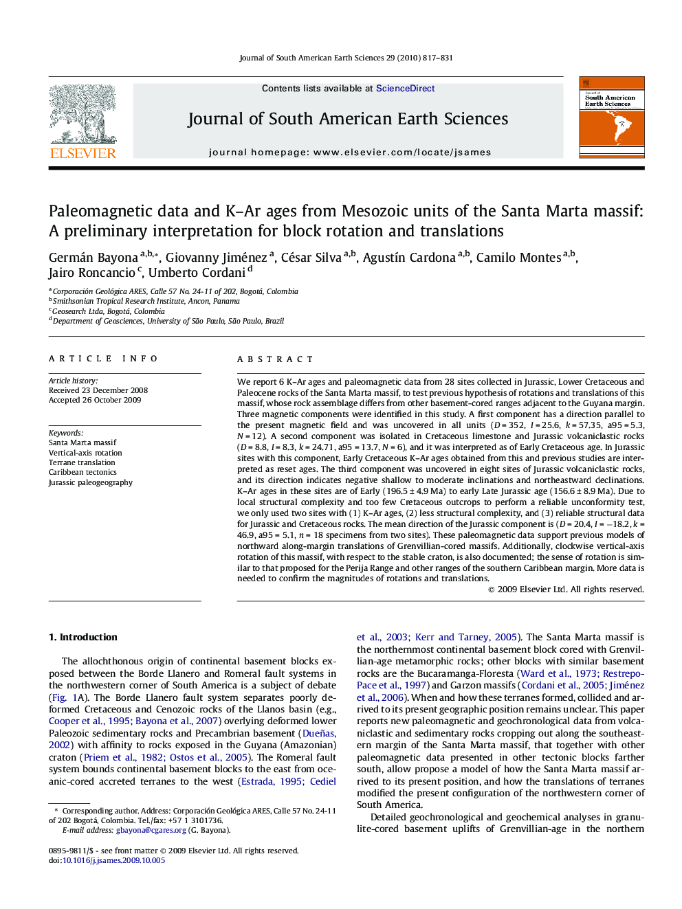 Paleomagnetic data and K–Ar ages from Mesozoic units of the Santa Marta massif: A preliminary interpretation for block rotation and translations