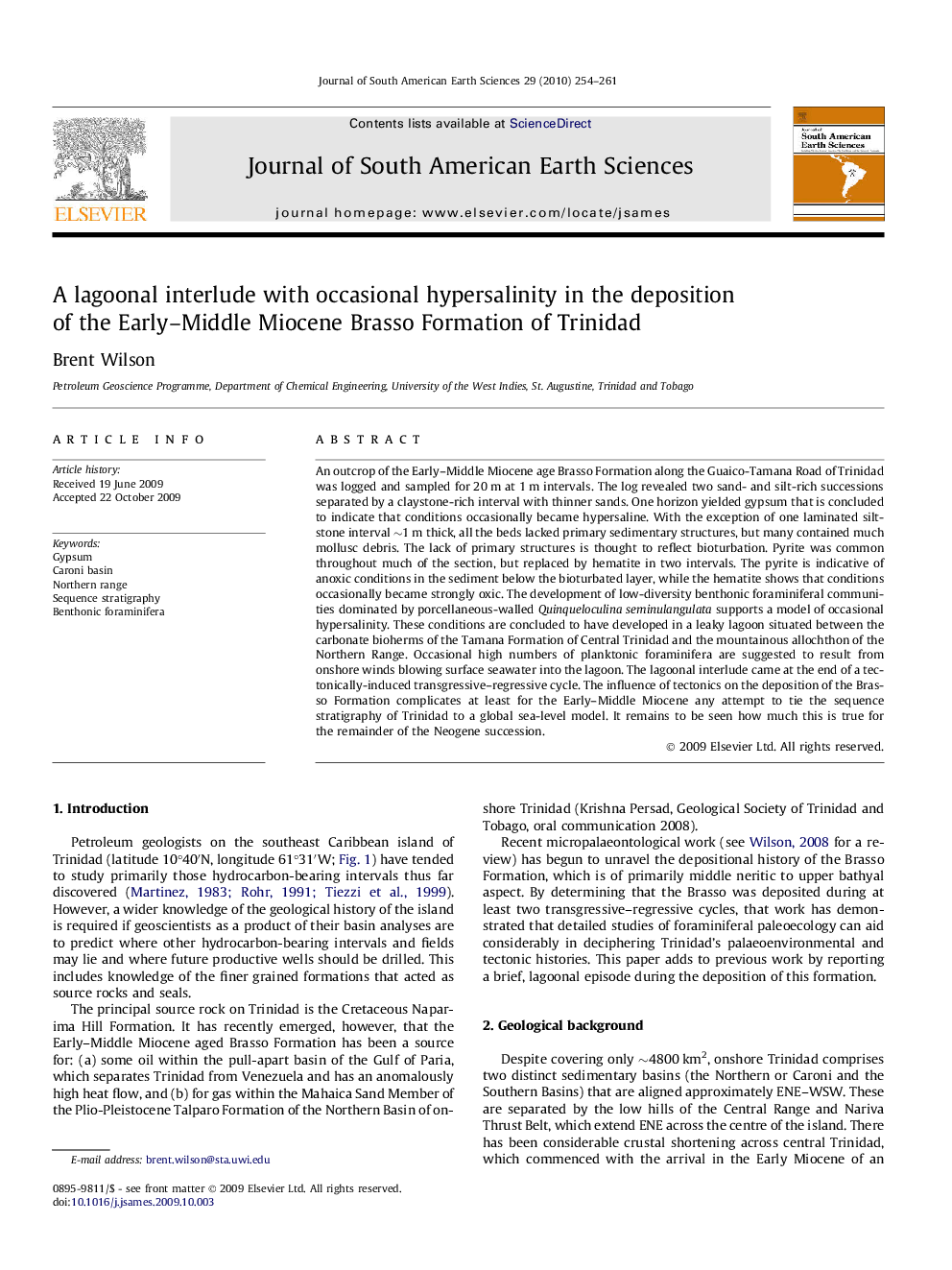 A lagoonal interlude with occasional hypersalinity in the deposition of the Early-Middle Miocene Brasso Formation of Trinidad