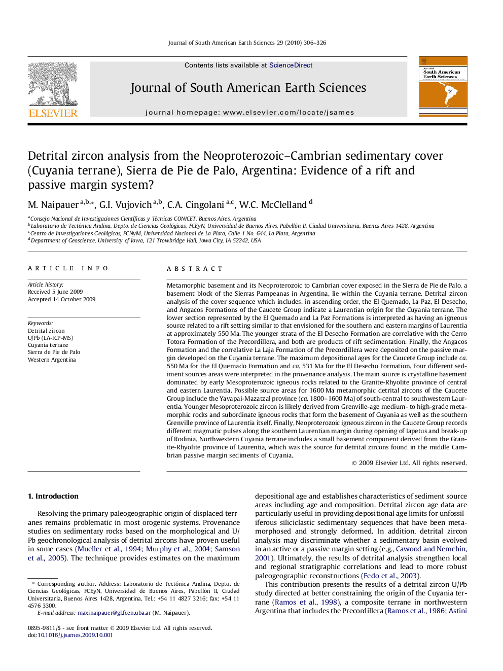 Detrital zircon analysis from the Neoproterozoic–Cambrian sedimentary cover (Cuyania terrane), Sierra de Pie de Palo, Argentina: Evidence of a rift and passive margin system?