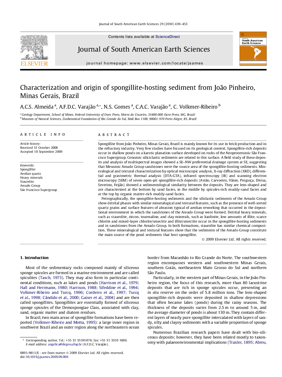 Characterization and origin of spongillite-hosting sediment from João Pinheiro, Minas Gerais, Brazil