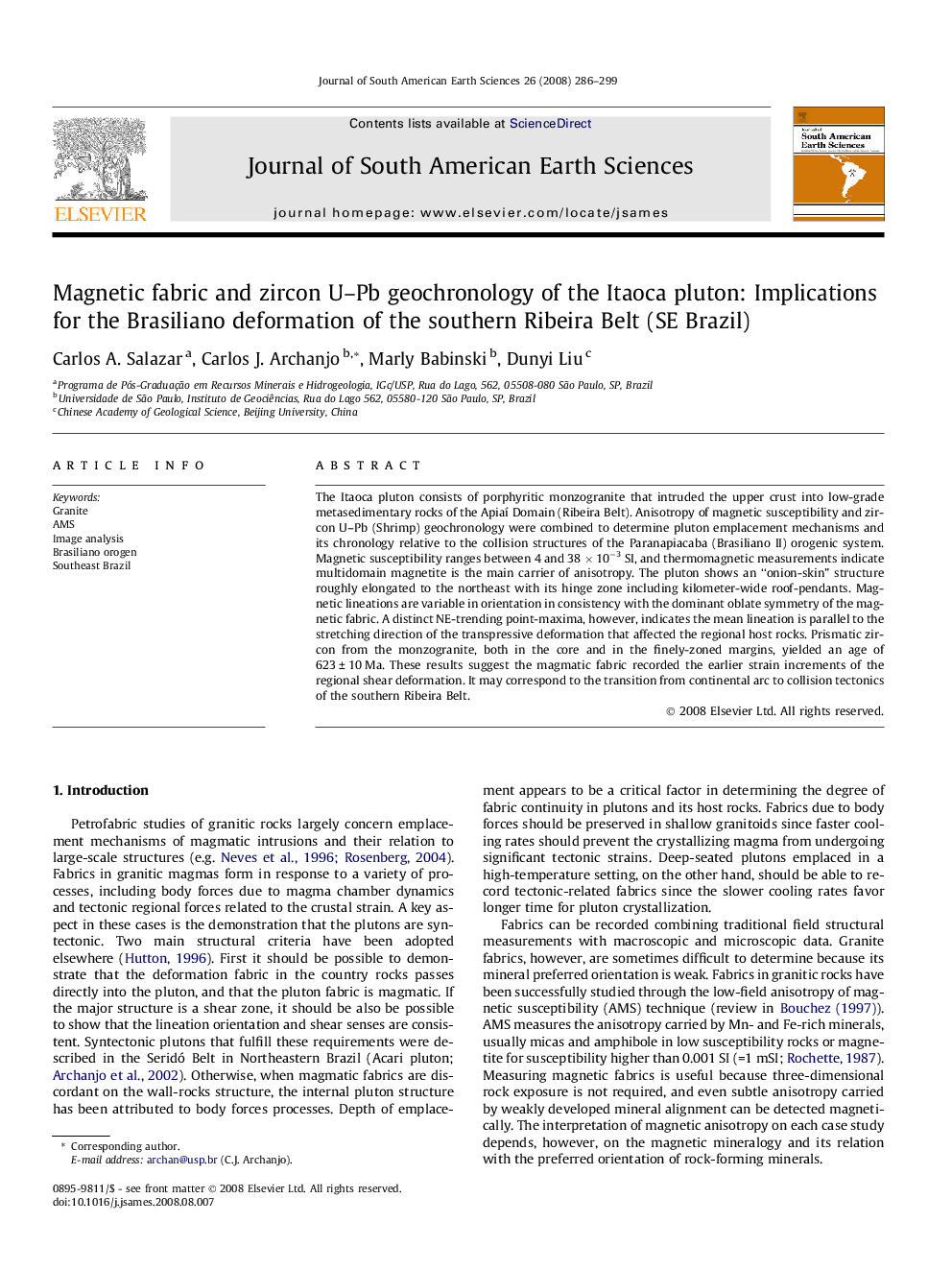 Magnetic fabric and zircon U–Pb geochronology of the Itaoca pluton: Implications for the Brasiliano deformation of the southern Ribeira Belt (SE Brazil)