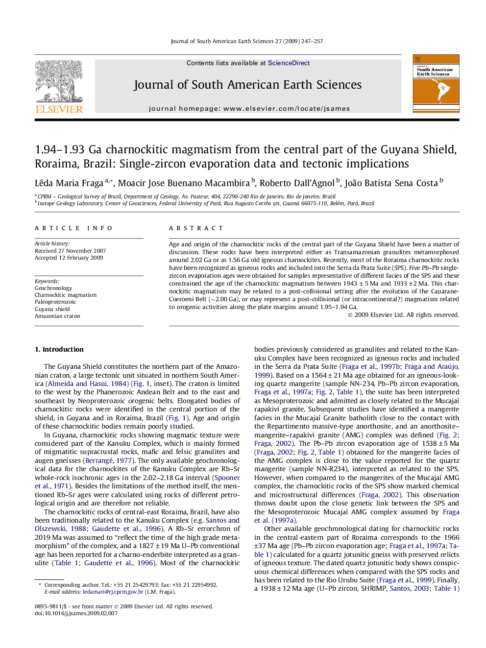 1.94-1.93 Ga charnockitic magmatism from the central part of the Guyana Shield, Roraima, Brazil: Single-zircon evaporation data and tectonic implications