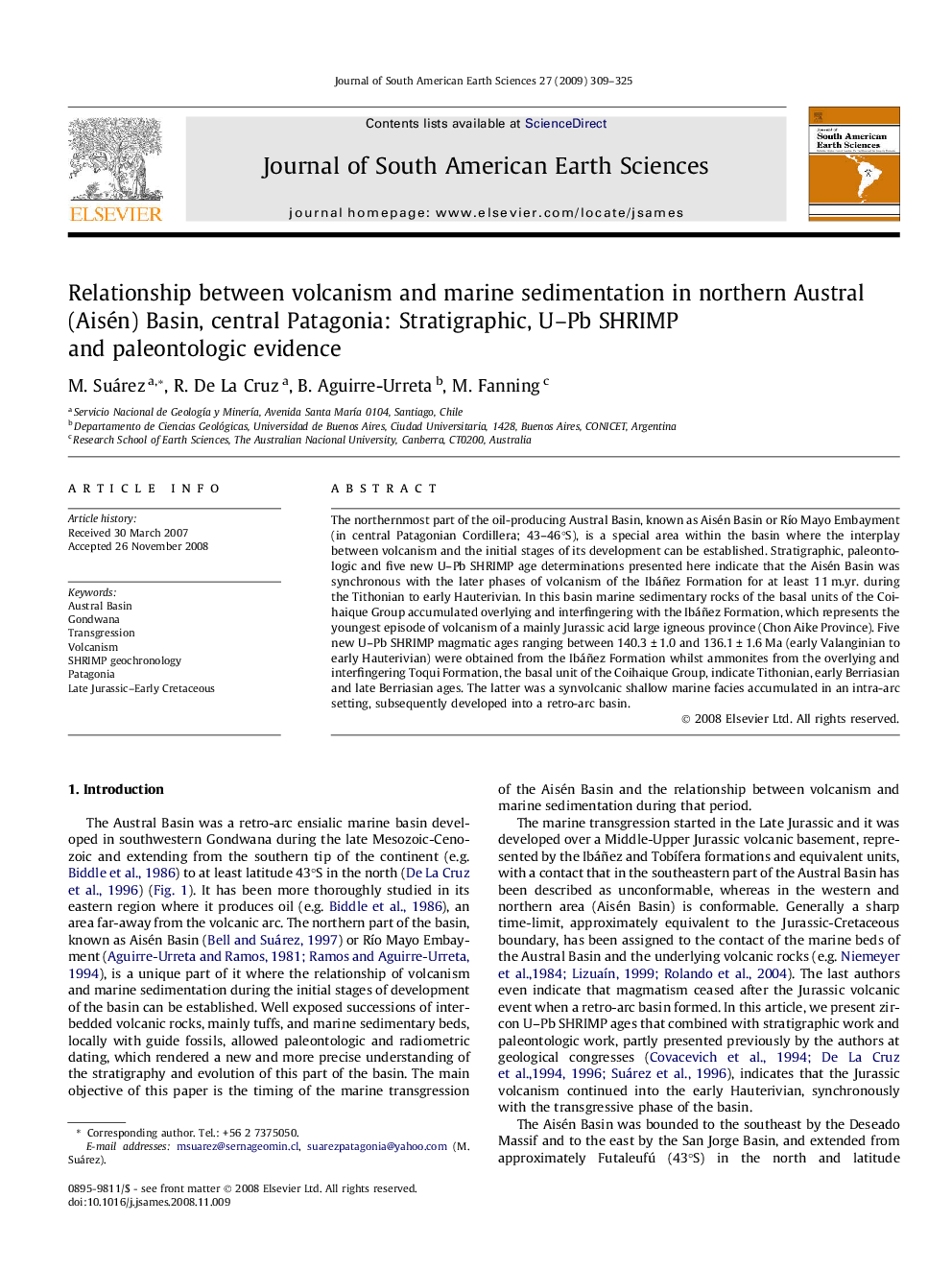 Relationship between volcanism and marine sedimentation in northern Austral (Aisén) Basin, central Patagonia: Stratigraphic, U–Pb SHRIMP and paleontologic evidence