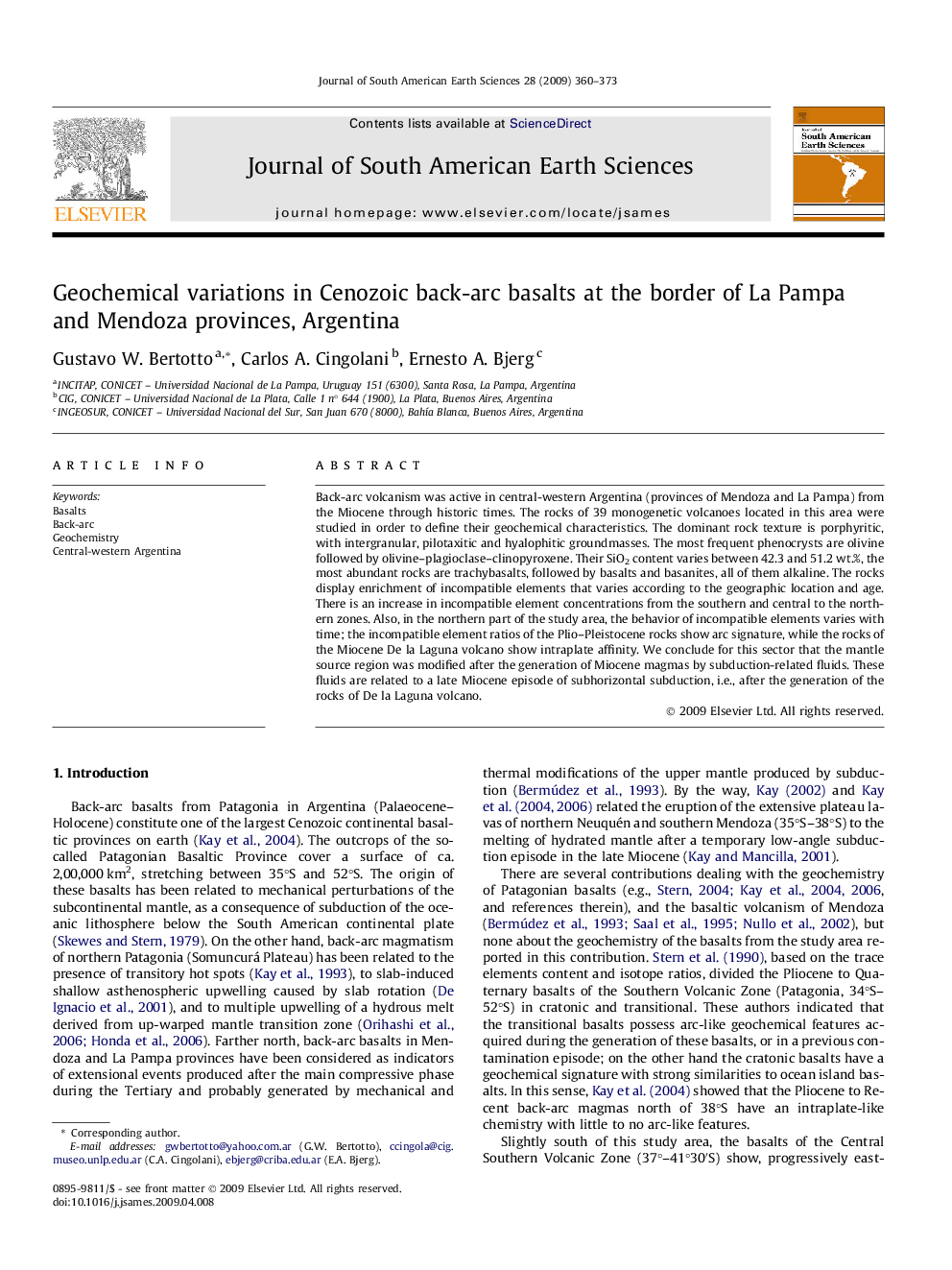 Geochemical variations in Cenozoic back-arc basalts at the border of La Pampa and Mendoza provinces, Argentina