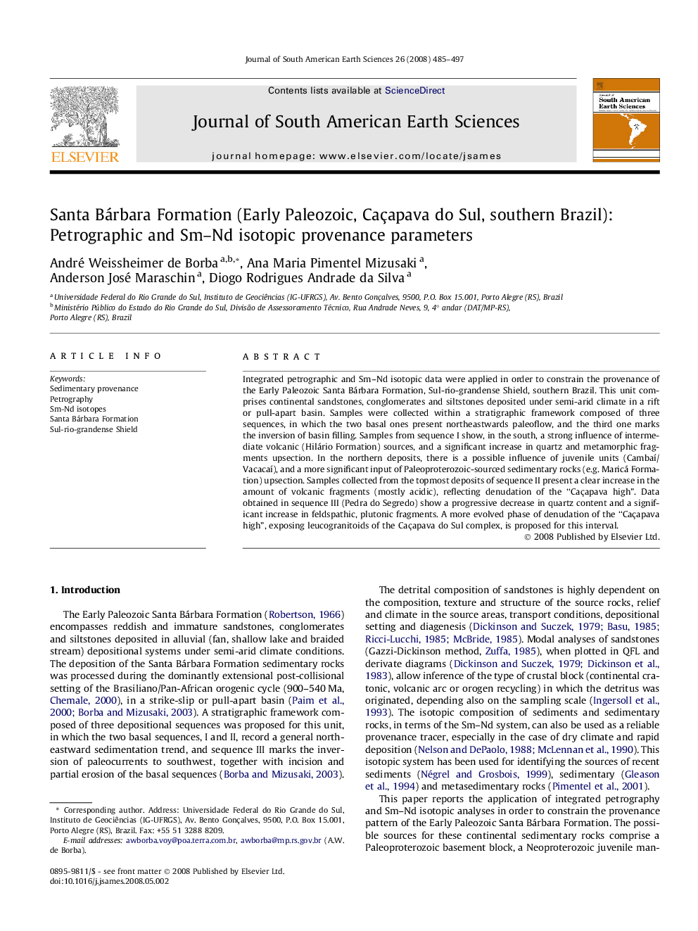 Santa Bárbara Formation (Early Paleozoic, Caçapava do Sul, southern Brazil): Petrographic and Sm–Nd isotopic provenance parameters