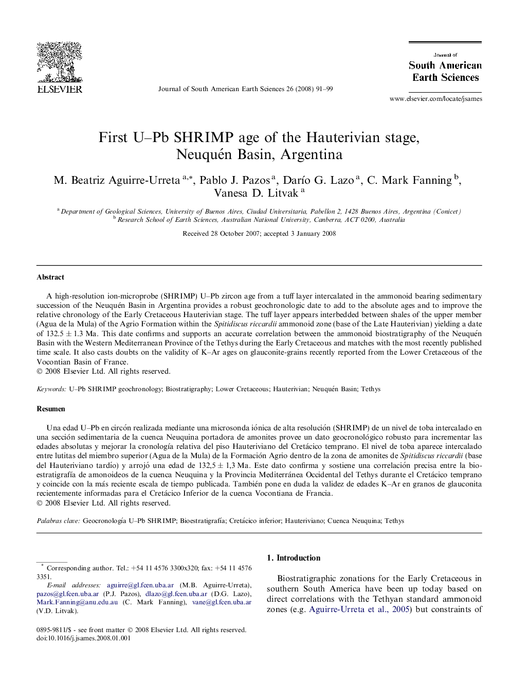 First U-Pb SHRIMP age of the Hauterivian stage, Neuquén Basin, Argentina