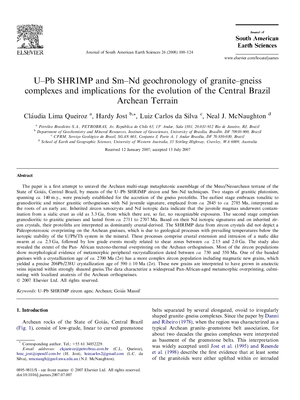 U–Pb SHRIMP and Sm–Nd geochronology of granite–gneiss complexes and implications for the evolution of the Central Brazil Archean Terrain