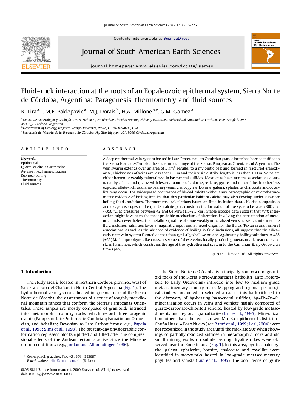 Fluid–rock interaction at the roots of an Eopaleozoic epithermal system, Sierra Norte de Córdoba, Argentina: Paragenesis, thermometry and fluid sources