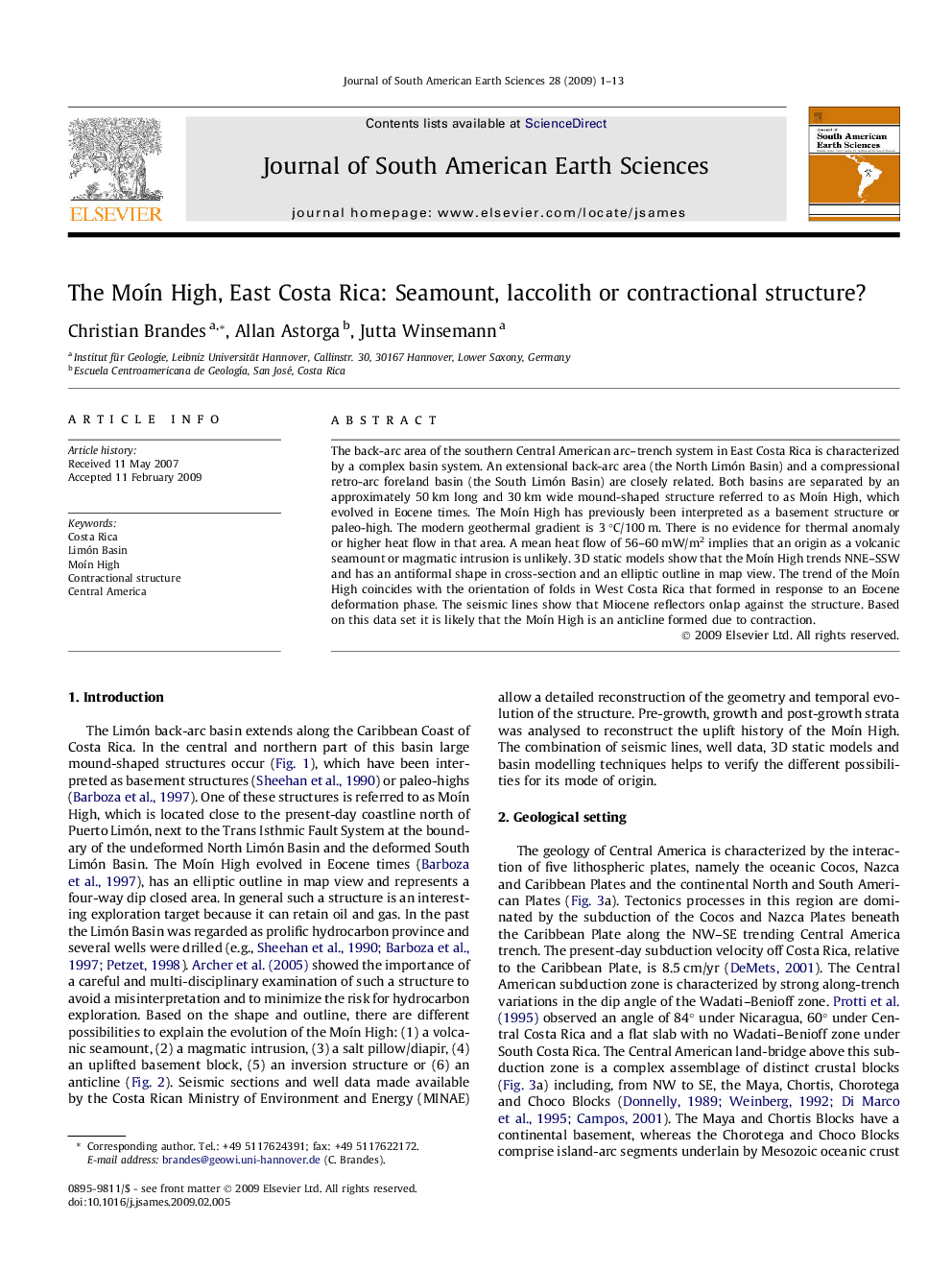 عکس صفحه اول مقاله: The Moín High, East Costa Rica: Seamount, laccolith or contractional structure? The Moín High, East Costa Rica: Seamount, laccolith or contractional structure?