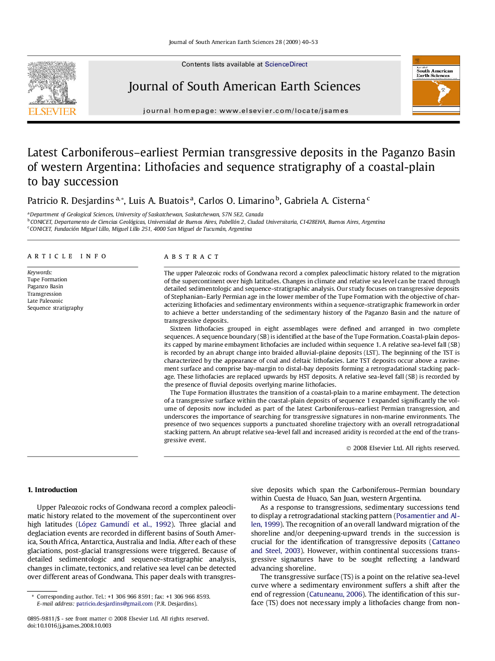 Latest Carboniferous–earliest Permian transgressive deposits in the Paganzo Basin of western Argentina: Lithofacies and sequence stratigraphy of a coastal-plain to bay succession