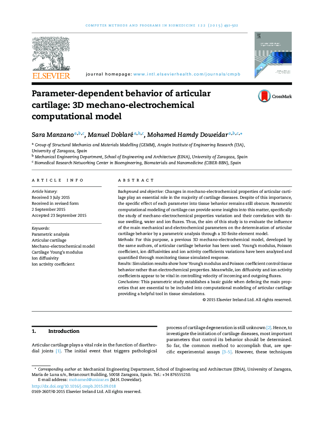 Parameter-dependent behavior of articular cartilage: 3D mechano-electrochemical computational model