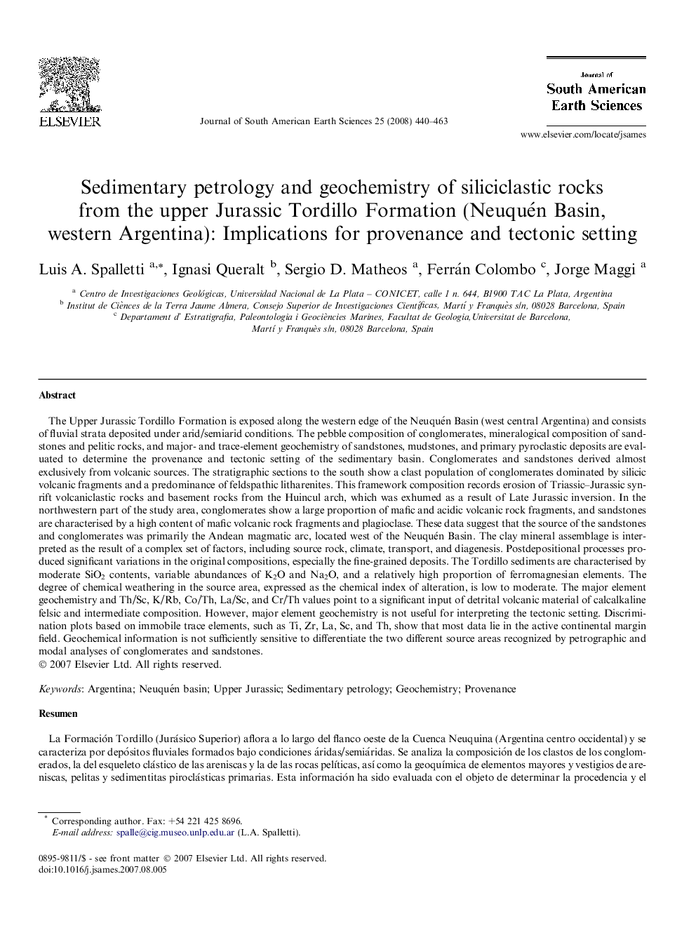 Sedimentary petrology and geochemistry of siliciclastic rocks from the upper Jurassic Tordillo Formation (Neuquén Basin, western Argentina): Implications for provenance and tectonic setting