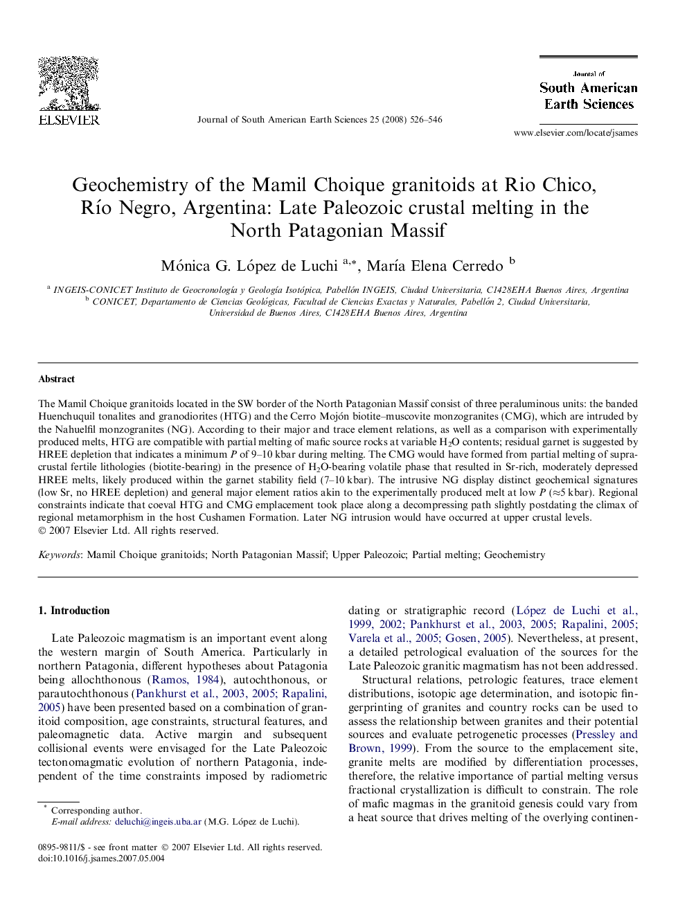 Geochemistry of the Mamil Choique granitoids at Rio Chico, RÃ­o Negro, Argentina: Late Paleozoic crustal melting in the North Patagonian Massif