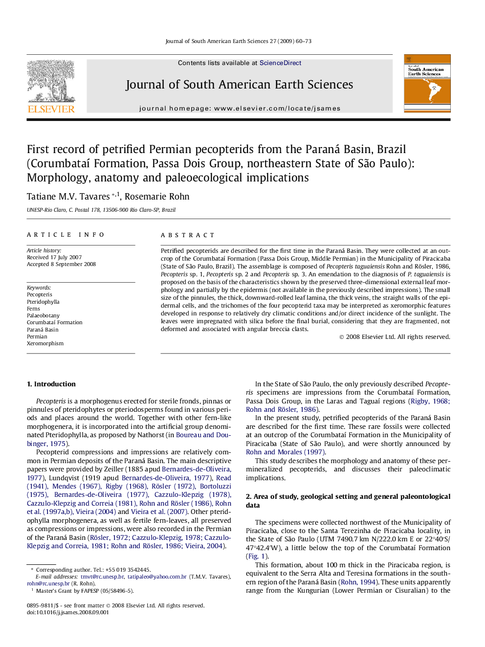 First record of petrified Permian pecopterids from the Paraná Basin, Brazil (Corumbataí Formation, Passa Dois Group, northeastern State of São Paulo): Morphology, anatomy and paleoecological implications