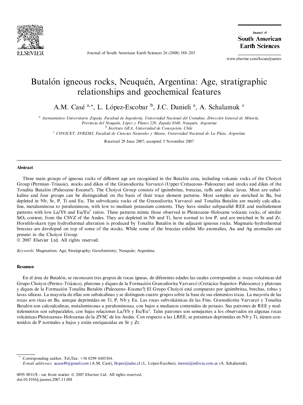 Butalón igneous rocks, Neuquén, Argentina: Age, stratigraphic relationships and geochemical features