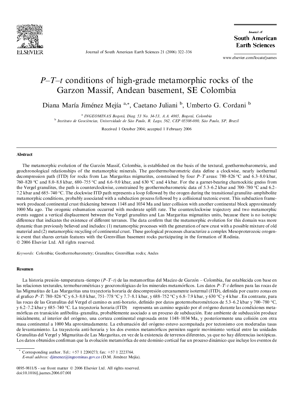 P–T–t conditions of high-grade metamorphic rocks of the Garzon Massif, Andean basement, SE Colombia