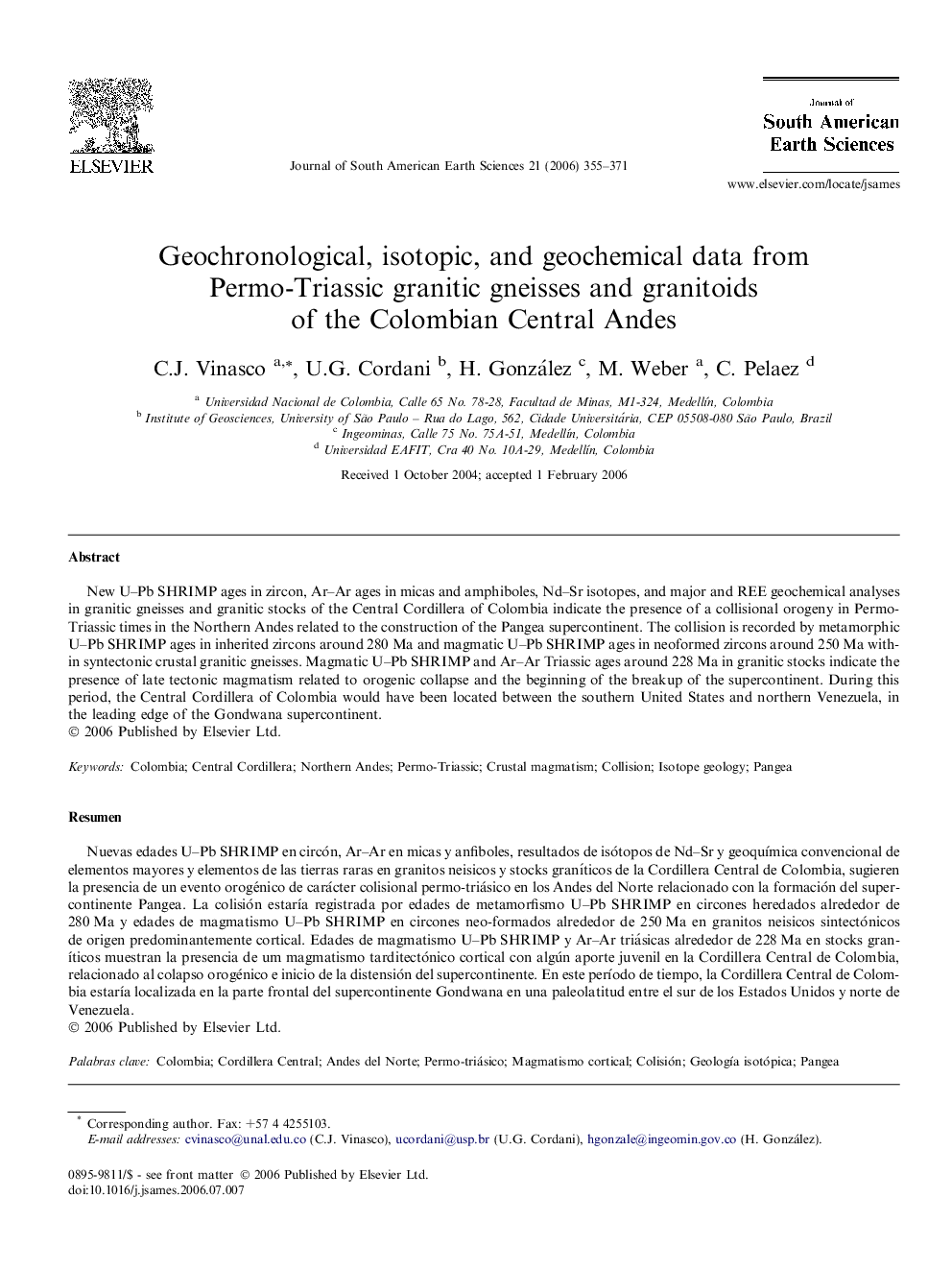 Geochronological, isotopic, and geochemical data from Permo-Triassic granitic gneisses and granitoids of the Colombian Central Andes