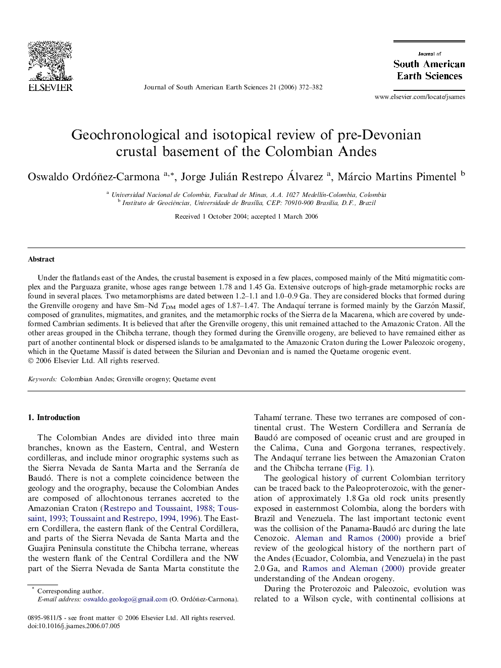 Geochronological and isotopical review of pre-Devonian crustal basement of the Colombian Andes