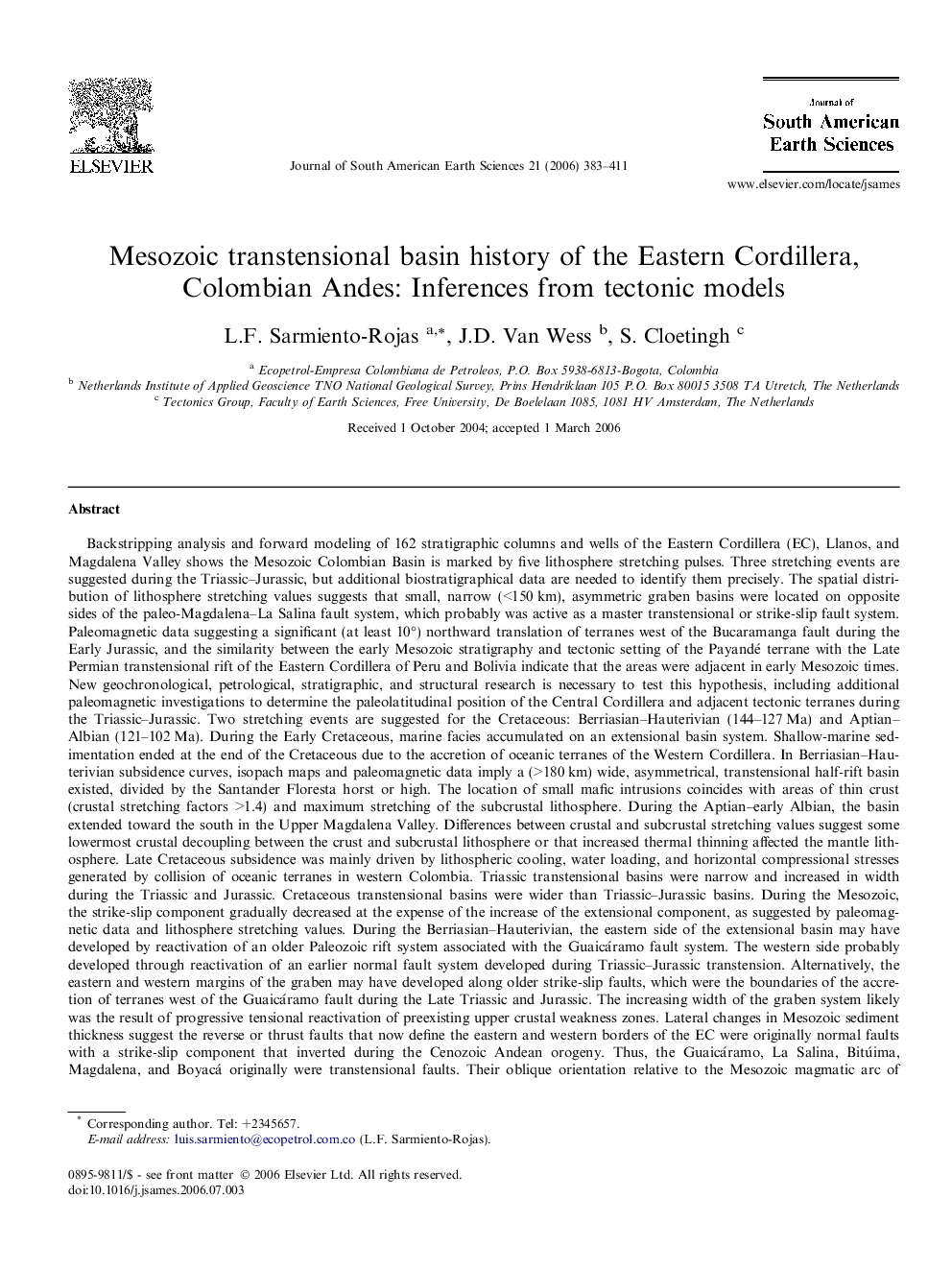 Mesozoic transtensional basin history of the Eastern Cordillera, Colombian Andes: Inferences from tectonic models