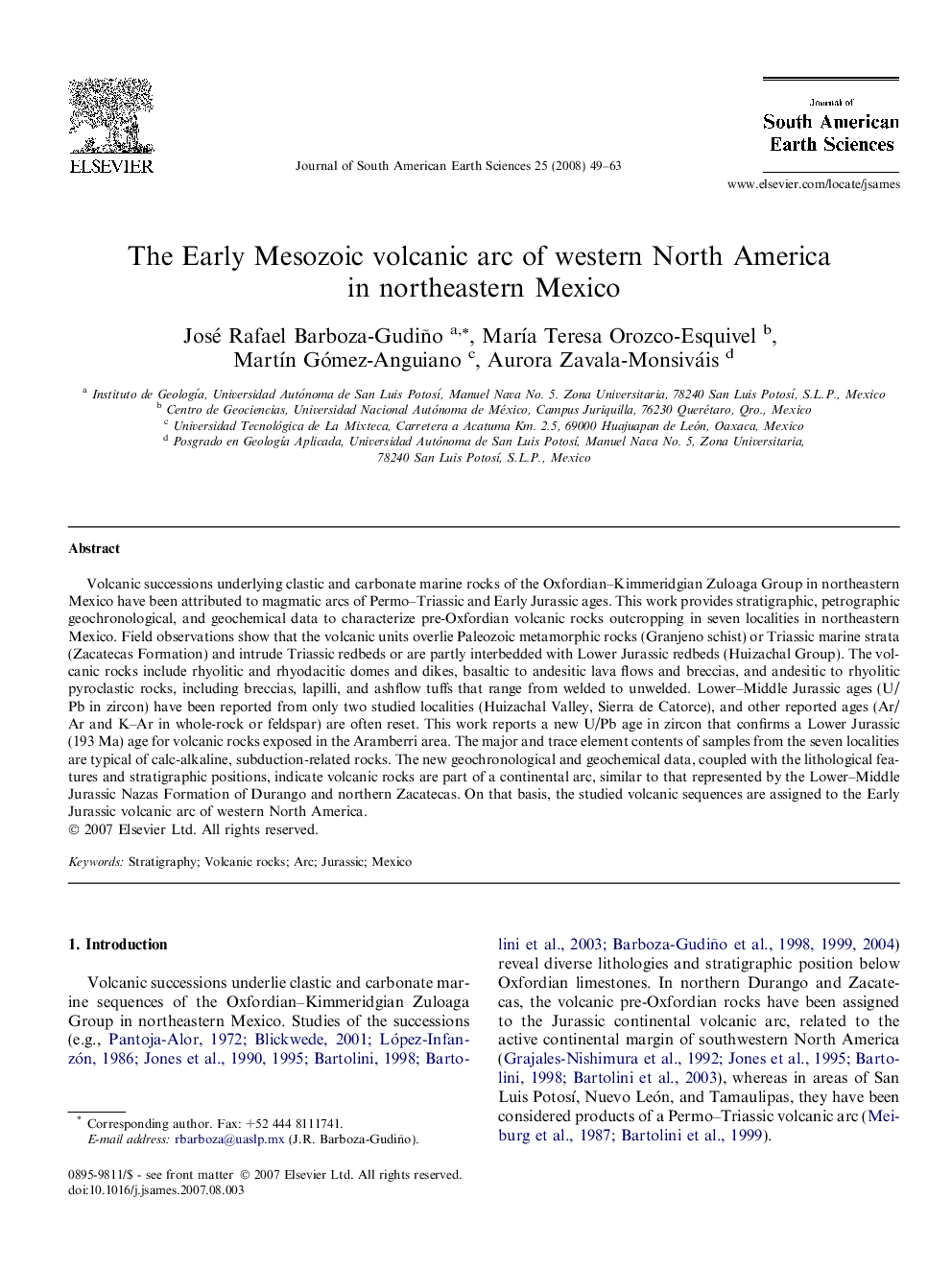 The Early Mesozoic volcanic arc of western North America in northeastern Mexico