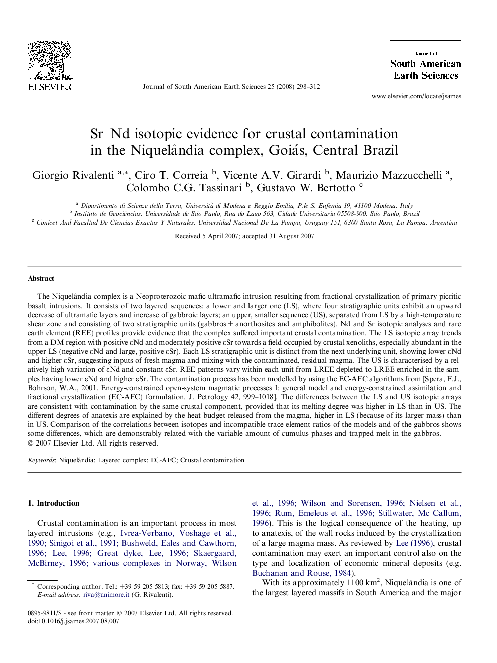 Sr–Nd isotopic evidence for crustal contamination in the Niquelândia complex, Goiás, Central Brazil