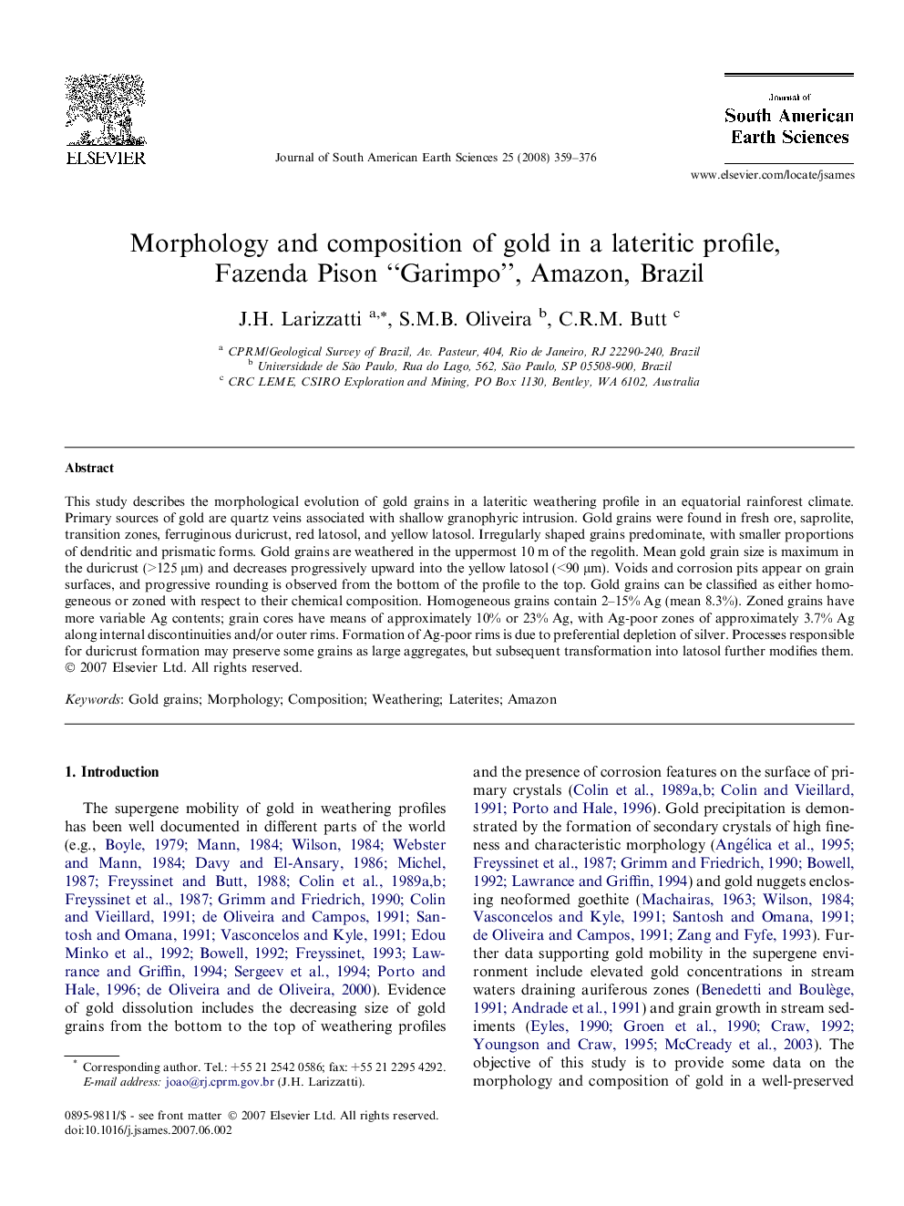 Morphology and composition of gold in a lateritic profile, Fazenda Pison “Garimpo”, Amazon, Brazil