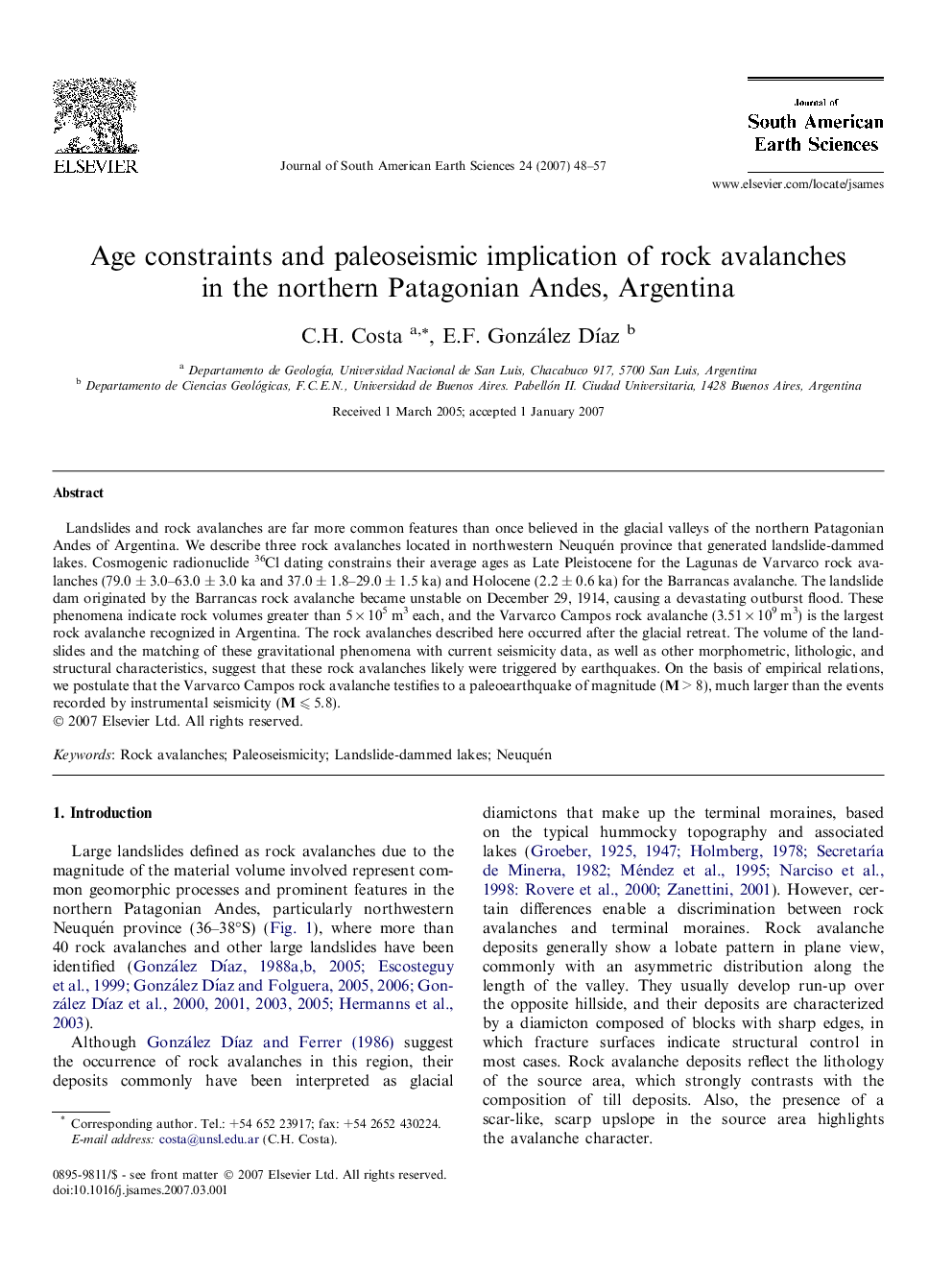 Age constraints and paleoseismic implication of rock avalanches in the northern Patagonian Andes, Argentina