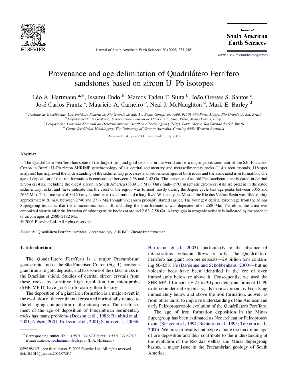 Provenance and age delimitation of Quadrilátero Ferrífero sandstones based on zircon U–Pb isotopes